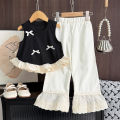 Bear Leader Summer Pink Girls Clothes Bow Decoration Sleeveless Top+Lace Patchwork Pants Fashionable New Easter Children's Set. 