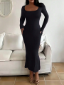 Women's Solid Long Sleeve Bodycon Dress, Chic Basic Minimalist Causual Fashion Scoop Neck Long Dress, Womenswear. 