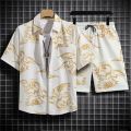 Floral Design Summer Beach Suit Men's Polo Shirt Oversized 3/4 Sleeves Shirt+shorts. 