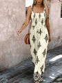 Summer New Women's Woven Position Printing Halterone-piece Overall Pants with Pockets Wide-leg Pants.