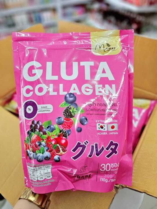 Manee Gluta Collagen 30 sachets Collagen Drink for Skin, Hair, and Nail Nourishment . Clear, radiant Skin, Strong Nails, and Healthy Hair. Nourishes White, Clear Skin: skin clarity and Brightness.Strengthens Nails,healthy hair growth Zero Fat & Sugar