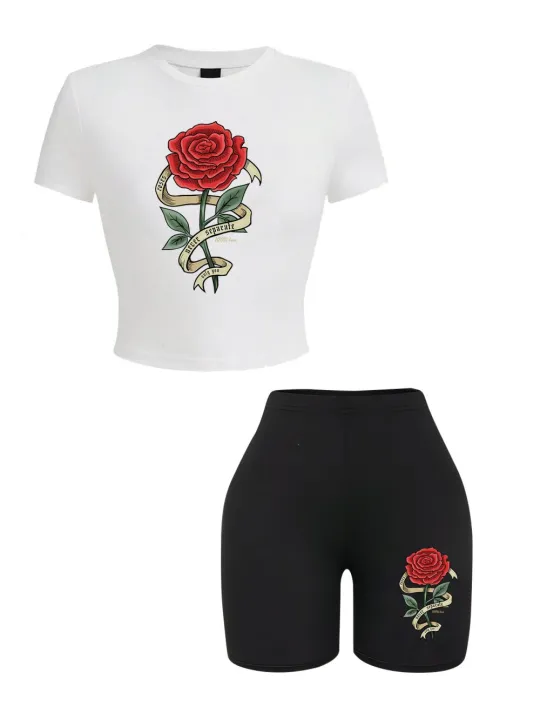 Trend%20Woman%20Crop%20T-Shirts%20&%20Shorts%20Two%20Pieces%20Set%20Red%20Roses%20Wrapped%20In%20Ribbons%20Prints%20Tops%20Slim%20O-Neck%20High%20Elastic%20Soft%20Clothes%20-%20Image%204