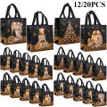 12/20pcs Festive Christmas  Bags - Snowman, Tree & Stocking Design, Black & Golden with Handles, Christmas  Bags. 