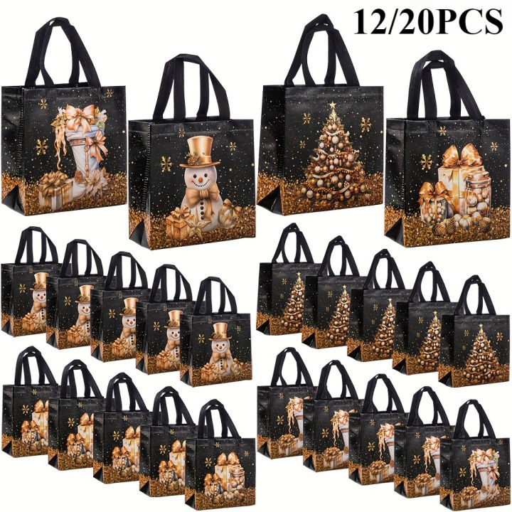 12/20pcs Festive Christmas  Bags - Snowman, Tree & Stocking Design, Black & Golden with Handles, Christmas  Bags