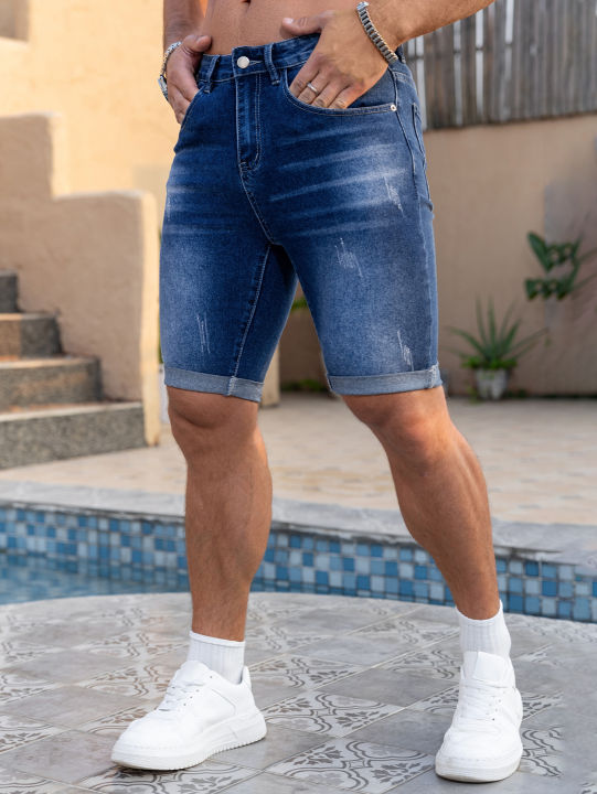 Men Denim Jeans Pants Clothing Trousers Shorts Men's Dark Wash Rolled Cuff Casual Denim Shorts