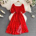 2026 Fashion New Summer Flower Print Long Dress Women Vintage Square Neck Ruched Chest Split Sundress Party Vestidos.