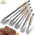 Leeseph Stainless Steel Food Tongs, Heavy Duty Kitchen Tongs with Wooden Handle for Cooking, Grilling and BBQ, 7-16 Inch Length. 