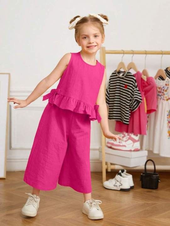 Girls Round Neck Sleeveless Top With Ruffled Hem And Loose Casual Pant Outfit Dress