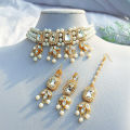 Exclusive degain white pearl necklace with earring & tikli for women.