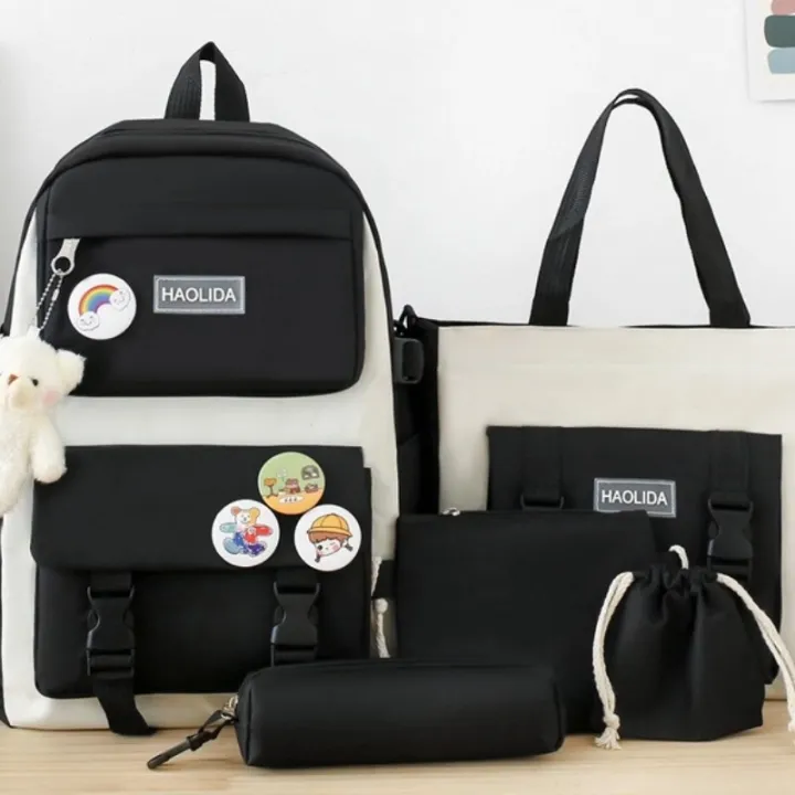 Autumn%20New%20Canvas%20Backpack%20Women's%20Korean%20Version%20Large%20Capacity%20Five-Piece%20Set%20Middle%20School%20Student%20Backpack%20College%20Student%20S%20-%20Image%203
