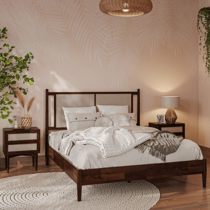 Oliver Solid Wood Rattan Platform Bed with Headboard, Rattan Frame