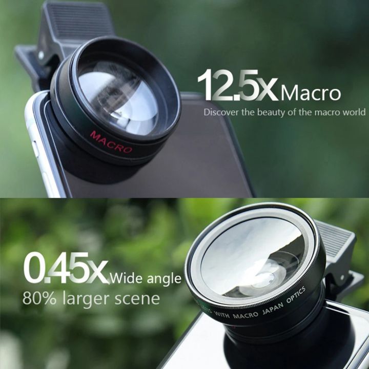 2 in 1 49UV Wide Angle Micro Camera Lens for iPhone Xiaomi Redmi 0.45X Macro HD Lens on Smartphone Lenses with Phone Clip