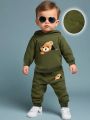 Newborn Baby Boy Fun Cartoon Bear Print Long Sleeve Fleece Sweatshirt with Casual Sports Pants Set Spring Autumn .