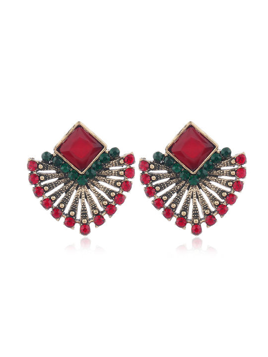 Ethnic Vintage Zircon Earrings Bohemia Fan-shaped Red Green Crystal Stud Earrings For Women New Earing Earings Jewelry Kolczyki