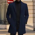 Men's Wool Pea Coat Solid Color Lapel Collar Single Breasted Jacket Warm Mid Length Winter Trench Coat.