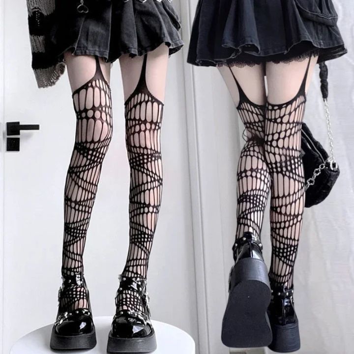 Gothic Bat Long  Fishnet Stockings Women Harajuku Alternative Mesh Bat Tights Lingerie Skin Thigh High Garters Hosiery
