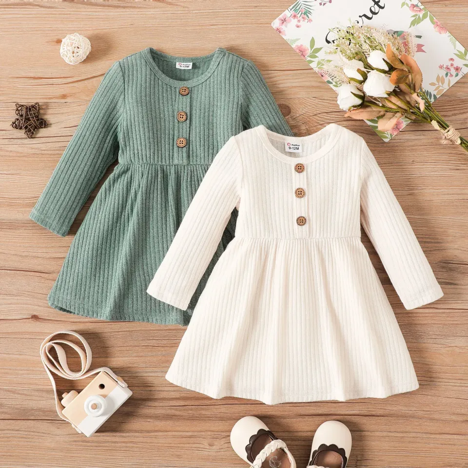 PatPat Baby Girl Button Front Solid Rib Knit Long sleeve Dress Soft and Comfortable Perfect for Outings Daily Wear Basic Style Daraz.lk