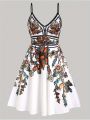 Summer Holiday Flower Leaf Printing Plus Size Dress Trumpet A-Shaped Sling Mini Dress. 