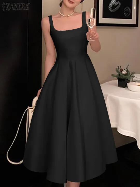 ZANZEA%20Women%20Sleeveless%20Tank%20Dress%20Vintage%20Solid%20A-line%20Dresses%202024%20Summer%20Holiday%20Waisted%20Robe%20Casual%20Square%20Collar%20Midi%20Robe%20-%20Image%203