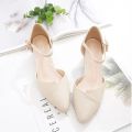 Ladies Elegant Beige Pointed Toe Thin Strap Cross Buckle Mid Heel Sandals Daily Office Shoes.