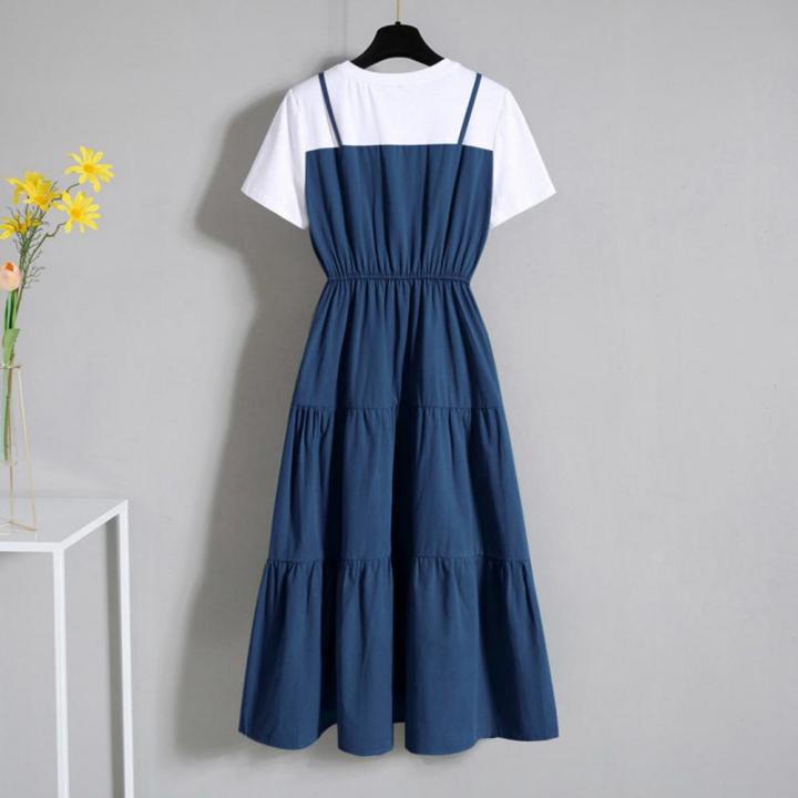 2024%20Fashion%20Strap%20Fake%20Two%20piece%20Dress%20Block%20Summer%20Short%20sleeved%20Dress%20Women's%20Waist%20Tight%20Dress%20-%20Image%204