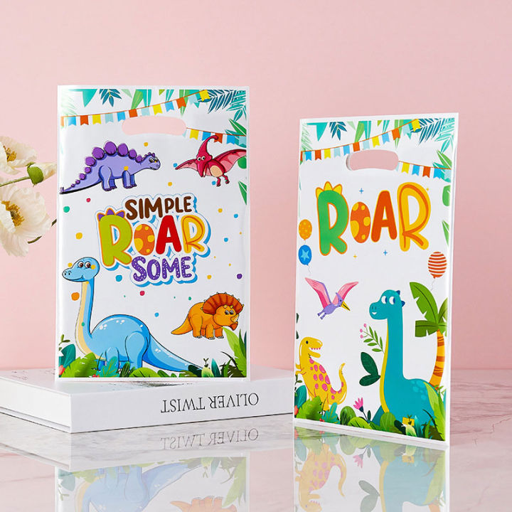 25/50Pcs Dinosaur Birthday Candy Goodie Plastic Gift Bag with Handles,Party Favor Bags Ideal for Cookies,Candy