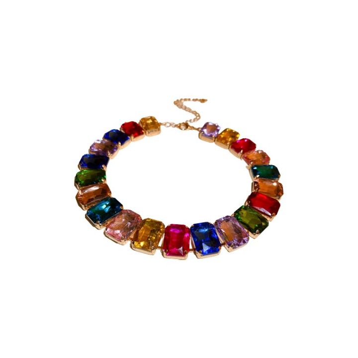 Exaggerated Square Rhinestone Choker Necklace Women Fashion Luxury Colorful Crystal Chunky Chain Necklaces Wedding Party Jewelry