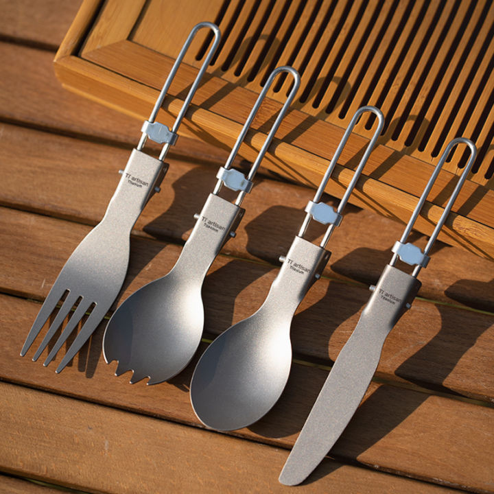 Tiartisan Titanium Foldable Cutlery (Stainless Steel Handle) Portable Outdoor Camping Tableware Hiking Folding Fork Spoon Knife
