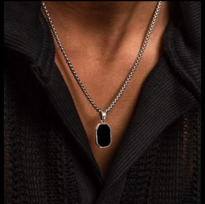 Men’s Onyx-Style Pendant Necklace – Polished Steel Frame | Daraz.pk