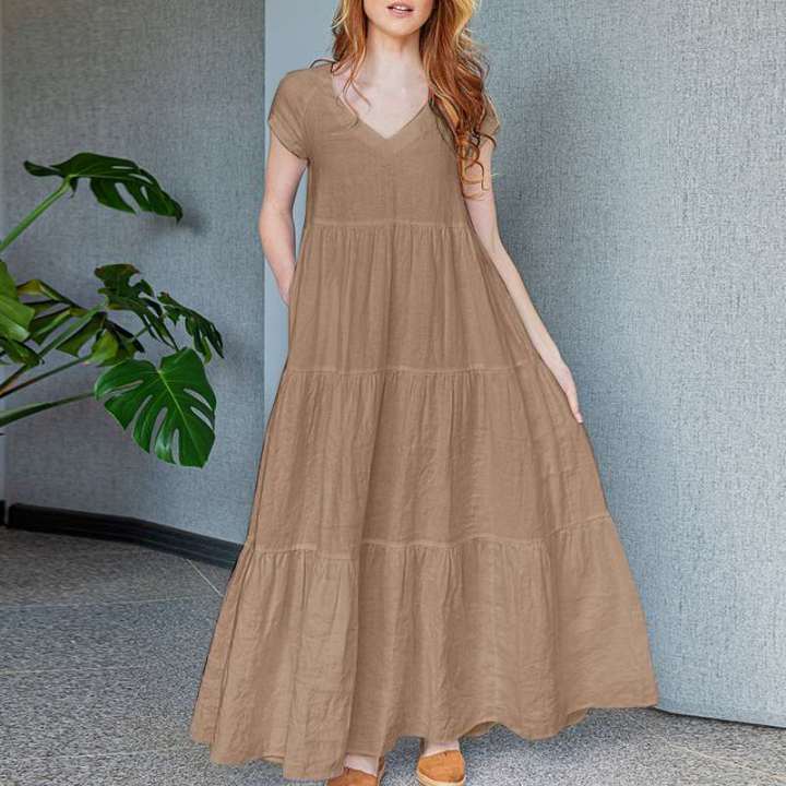 2024%20ZANZEA%20Summer%20Maxi%20Long%20Dress%20Women%20Bohemian%20Holiday%20Sundress%20V%20Neck%20Short%20Sleeve%20Robe%20Femme%20Casual%20Loose%20Ruffles%20Vestidos%20-%20Image%207