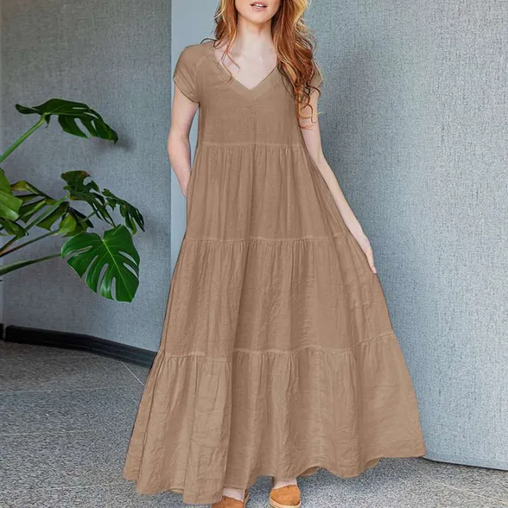 2024%20ZANZEA%20Summer%20Maxi%20Long%20Dress%20Women%20Bohemian%20Holiday%20Sundress%20V%20Neck%20Short%20Sleeve%20Robe%20Femme%20Casual%20Loose%20Ruffles%20Vestidos%20-%20Image%207