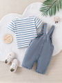 Baby Boy Striped T-Shirt + Cartoon Bear Denim Overalls Set, Cute Summer Casual Outfit for Going Out. 
