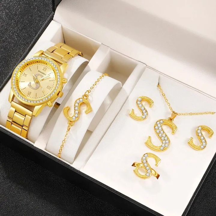 Luxury Gold Watch Womens S Letter Design Ring Necklace Earrings Fashion  Wristwatch Female Casual Ladies Steel Bracelet Set Clock