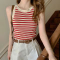 NEW Summer Korean Stripe Knitted Tank Top Women Round Neck Sleeveless Slim Camisole. 