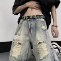 Summer ripped denim shorts men's cropped pants trendy brand fat plus fat plus plus plus size loose beggar mid pants horse pants. 