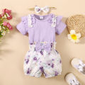 0-18Months Baby Girl Clothes Set Purple Short Sleeve Romper + Flowers Shorts with Headband Toddler Girl Summer 3PCS Outfit. 