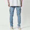 Street Elastic Jeans Men Denim Cargo Pants Wash Solid Color Multi Pockets Casual Mid Waist Trousers Slim Fit Daily Wear Joggers. 
