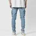 Street Elastic Jeans Men Denim Cargo Pants Wash Solid Color Multi Pockets Casual Mid Waist Trousers Slim Fit Daily Wear Joggers. 