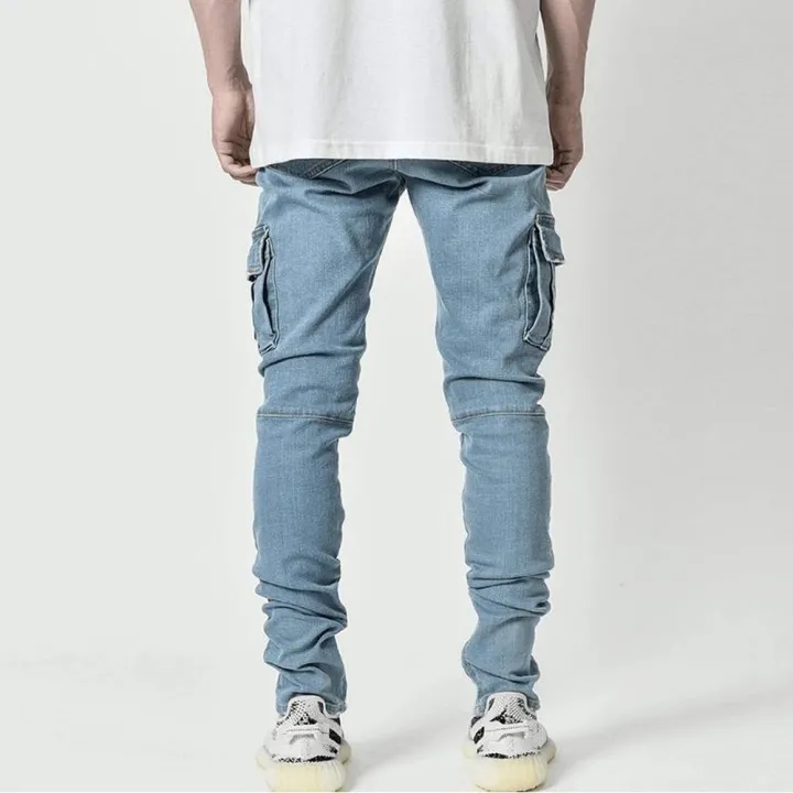 Street%20Elastic%20Jeans%20Men%20Denim%20Cargo%20Pants%20Wash%20Solid%20Color%20Multi%20Pockets%20Casual%20Mid%20Waist%20Trousers%20Slim%20Fit%20Daily%20Wear%20Joggers%20-%20Image%203
