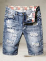 Men's Casual Spring/Summer Denim Shorts - Distressed Denim Shorts with Frayed Edges and Patchwork Details, Fashionable Street-St.