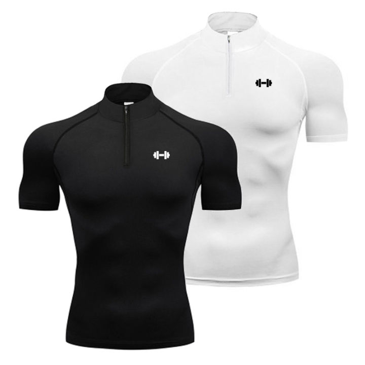 Running T-shirts Mens Compression Shirts Summer Fitness Short Sleeve Quick-Dry Half-Zipper Slim Fit Polo Shirt Baselayer Tees