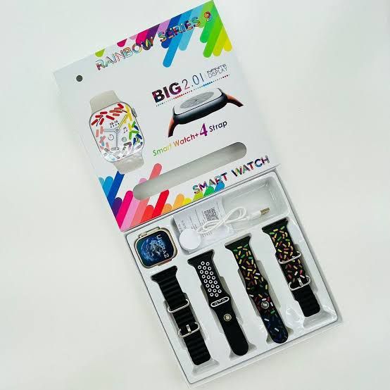Rainbow Ultra 4 + 1 Smartwatch Series 8 Smart Watch Big 2.01 inch Display Multifunctional Watch For Men and Women Bluetooth, Heart Rate Tracking, Pedometer, Sleep Monitoring, Blood Pressure and Music Control 49mm Watch With Crown Working