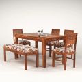 Ramdoot Furniture CNC Solid Sheesham Wood Dining Table 6 Seater | Six Seater Wooden Table with Four Chairs and 1 Bench with Flower Cushion| Dining Room Set for Restaurant | Rosewood, Honey Finish. 