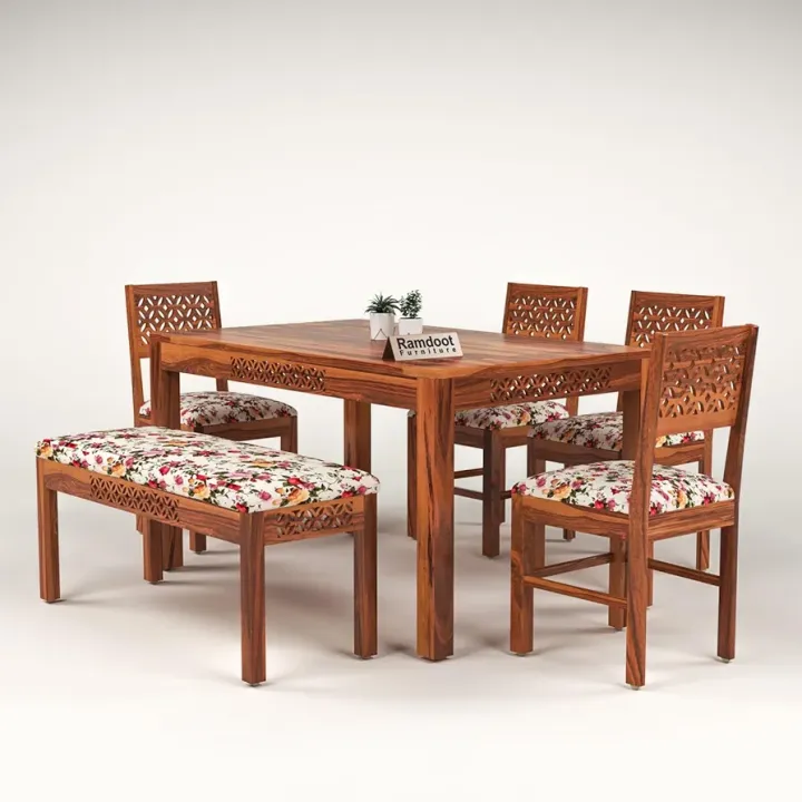 Ramdoot%20Furniture%20CNC%20Solid%20Sheesham%20Wood%20Dining%20Table%206%20Seater%20%7C%20Six%20Seater%20Wooden%20Table%20with%20Four%20Chairs%20and%201%20Bench%20with%20Flower%20Cushion%7C%20Dining%20Room%20Set%20for%20Restaurant%20%7C%20Rosewood,%20Honey%20Finish%20-%20Image%202