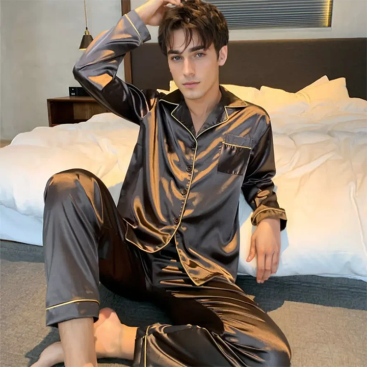 Men Pajama Sets Microfiber Sleepwear For Sleeping Man Shirt Silk Long Sleeve Pyjamas Male Home Night Wear Big size Loungewear