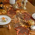1pc Autumn Maple Leaf Embroidered Table Runner, Flocked Brown Maple Design, Rustic Farmhouse Thanksgiving Harves. 