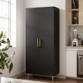 EF furniture White Storage Cabinet 69” Tall - Storage Cabinet w/ 2 Doors and Adjustable Shelves, Freestanding Kitchen Pantry w/Gold Handles and Legs, Wooden Wardrobe Cabinet for Bedroom, Laundry. 