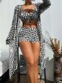 Women's Beach Summer Geometric Print Three-Piece Swimsuit Set with Long Sleeve Beach Cover-Up, Polyester Knit Fabric with Elasta.