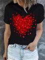 Heart Print T-Shirt For Valentine's Day Gifts, Crew Neck Short Sleeve T-Shirt, Casual Every Day Tops, Women's Clothing. 