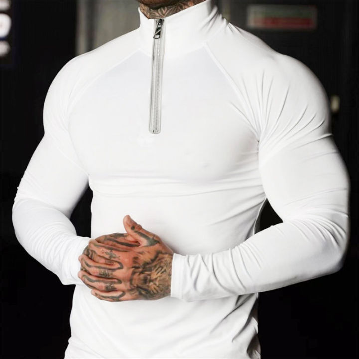 Fitness Compression Sport T-Shirt Gym Running Exercise Elastic Long Sleeves Sweatshirt Half Zip High Neck Tops Men Tight T-Shirt